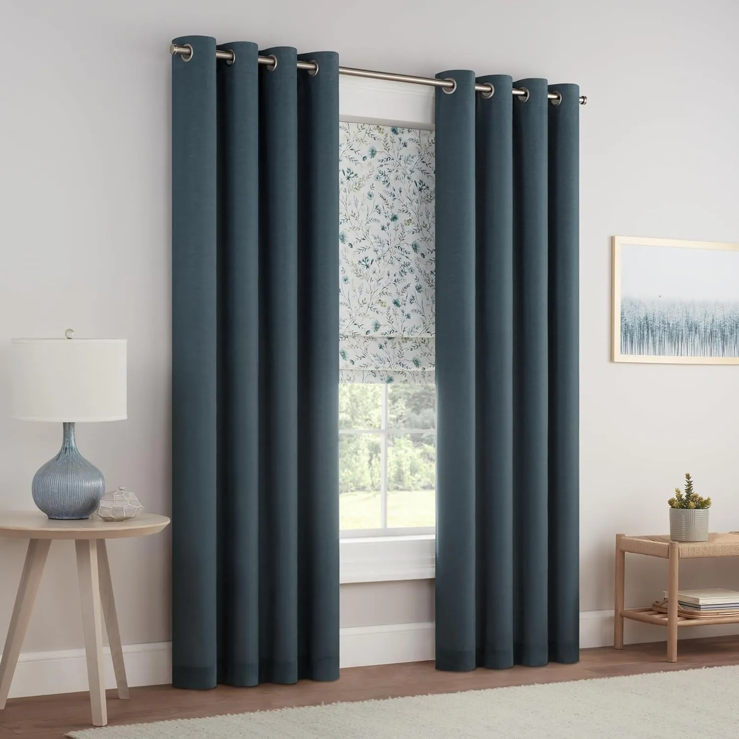 Eclipse Evangeline Botanical Roman Shade for Windows, Cordless 100% Blackout Shade, 39 in Wide x 64 in Long, Noise Reducing, Energy Efficient, Woven Design Window Shade for Any Room, Marine