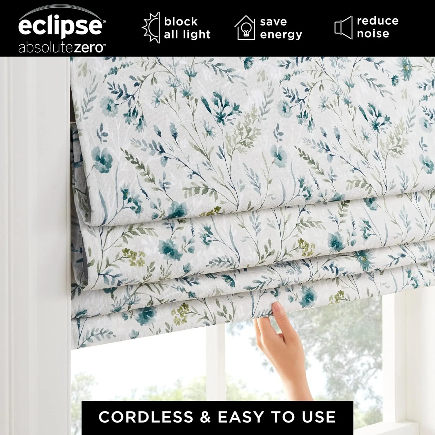Eclipse Evangeline Botanical Roman Shade for Windows, Cordless 100% Blackout Shade, 39 in Wide x 64 in Long, Noise Reducing, Energy Efficient, Woven Design Window Shade for Any Room, Marine