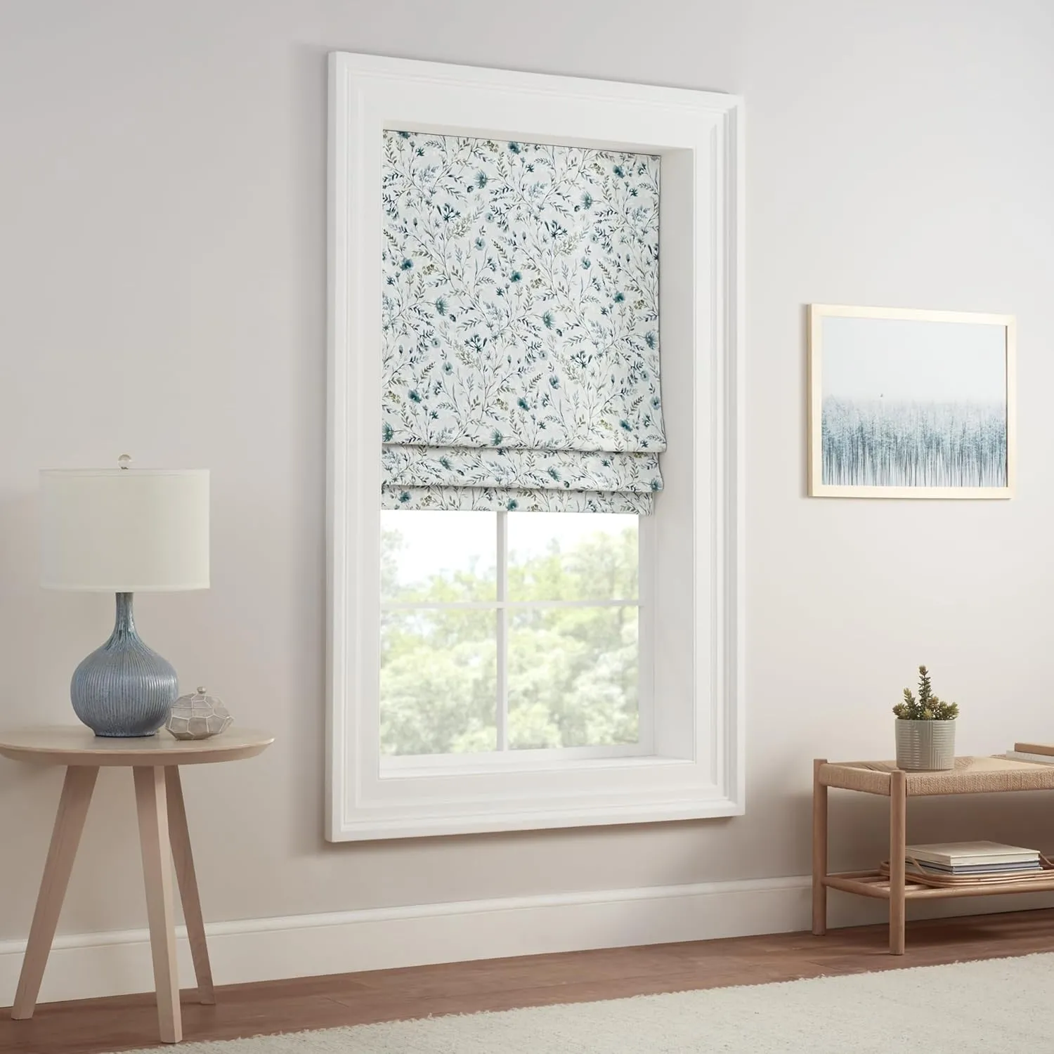 Eclipse Evangeline Botanical Roman Shade for Windows, Cordless 100% Blackout Shade, 39 in Wide x 64 in Long, Noise Reducing, Energy Efficient, Woven Design Window Shade for Any Room, Marine