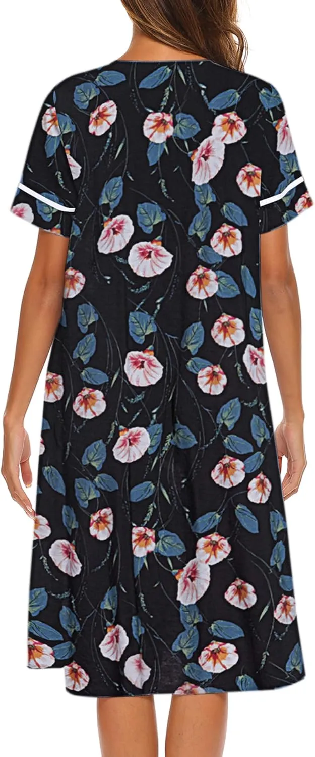 Ekouaer House Dress for Women with Pockets Button Down Duster Housecoat Short Sleeve Mumu Nightgown S-XXXL