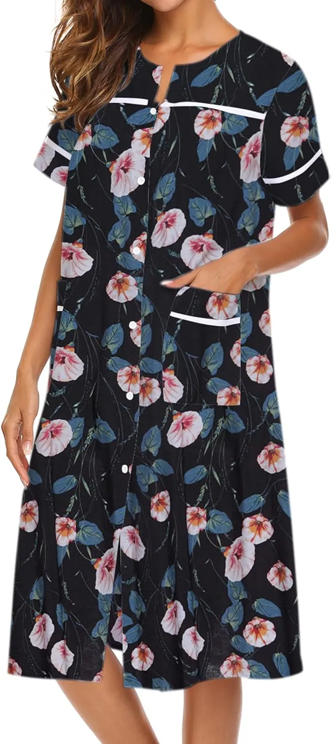 Ekouaer House Dress for Women with Pockets Button Down Duster Housecoat Short Sleeve Mumu Nightgown S-XXXL