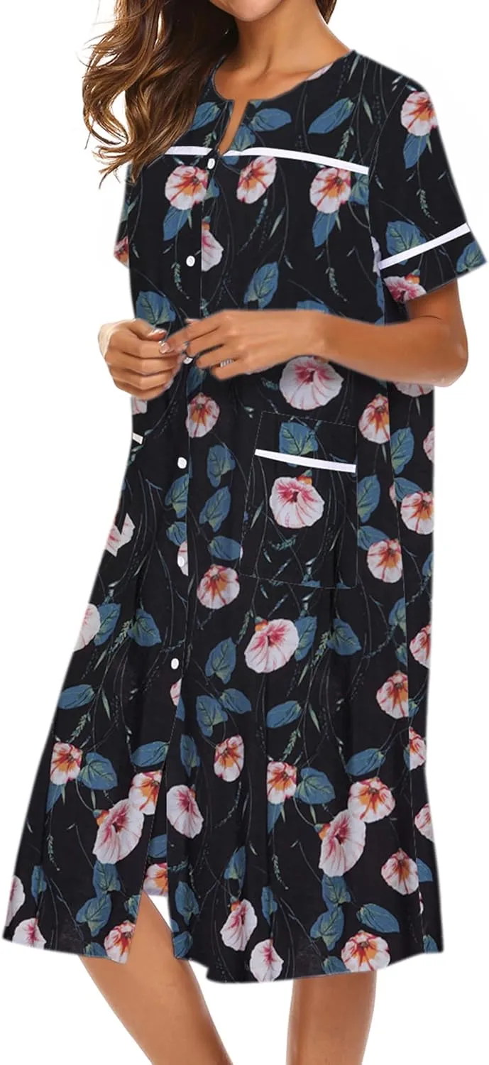 Ekouaer House Dress for Women with Pockets Button Down Duster Housecoat Short Sleeve Mumu Nightgown S-XXXL