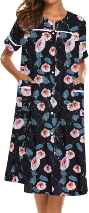 Ekouaer House Dress for Women with Pockets Button Down Duster Housecoat Short Sleeve Mumu Nightgown S-XXXL