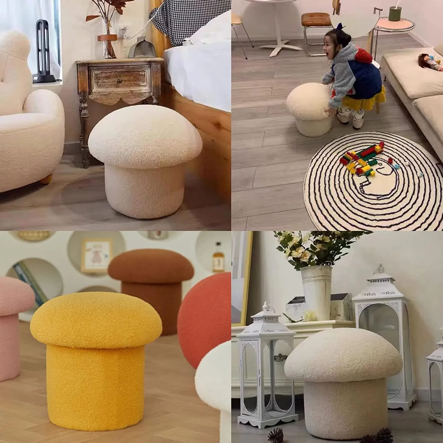 Elegant Fabric Vanity Chair with Storage Soft Mushroom Design Footstool for Bedroom Sturdy Entrance Bench with Footrest Low Stool for Bed End Resting Seat for Makeup and Relaxing