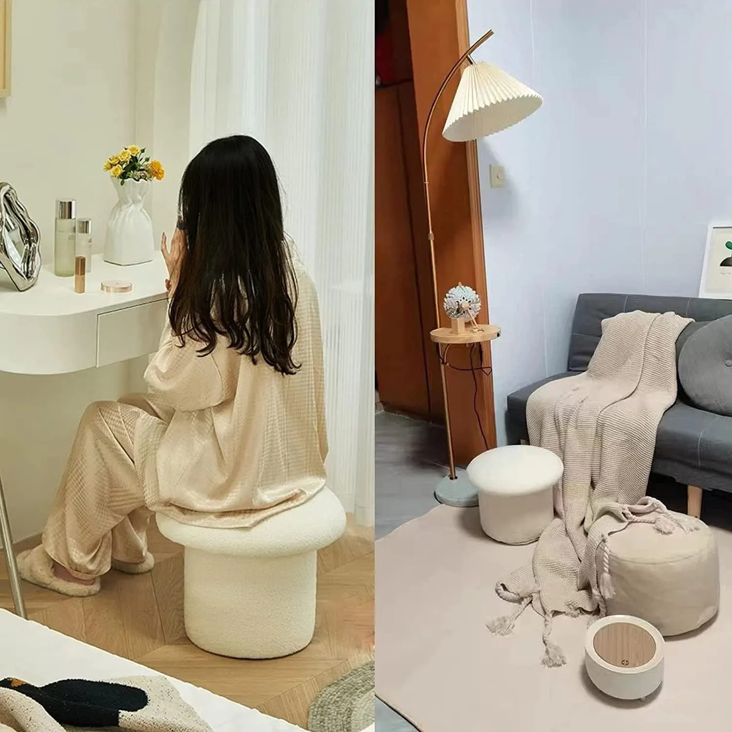 Elegant Fabric Vanity Chair with Storage Soft Mushroom Design Footstool for Bedroom Sturdy Entrance Bench with Footrest Low Stool for Bed End Resting Seat for Makeup and Relaxing