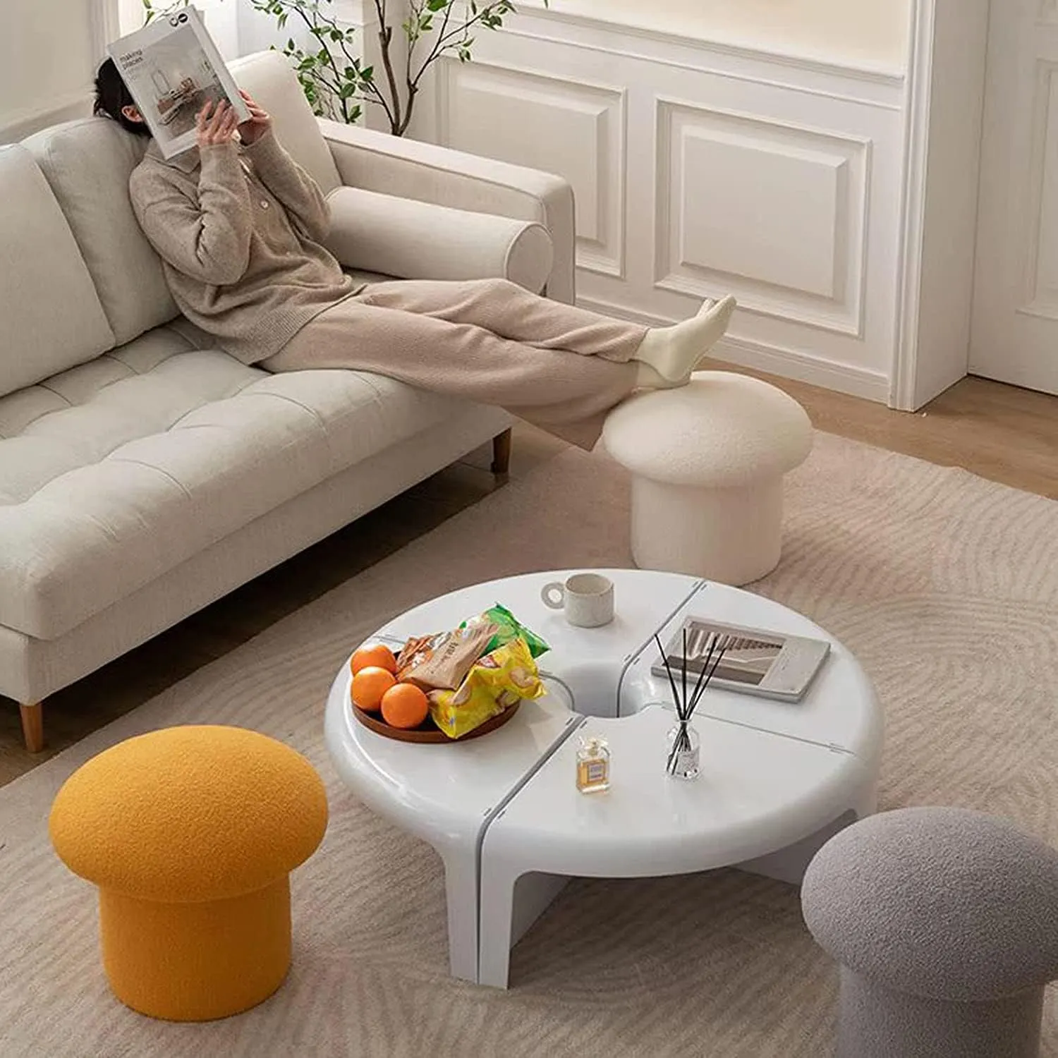Elegant Fabric Vanity Chair with Storage Soft Mushroom Design Footstool for Bedroom Sturdy Entrance Bench with Footrest Low Stool for Bed End Resting Seat for Makeup and Relaxing