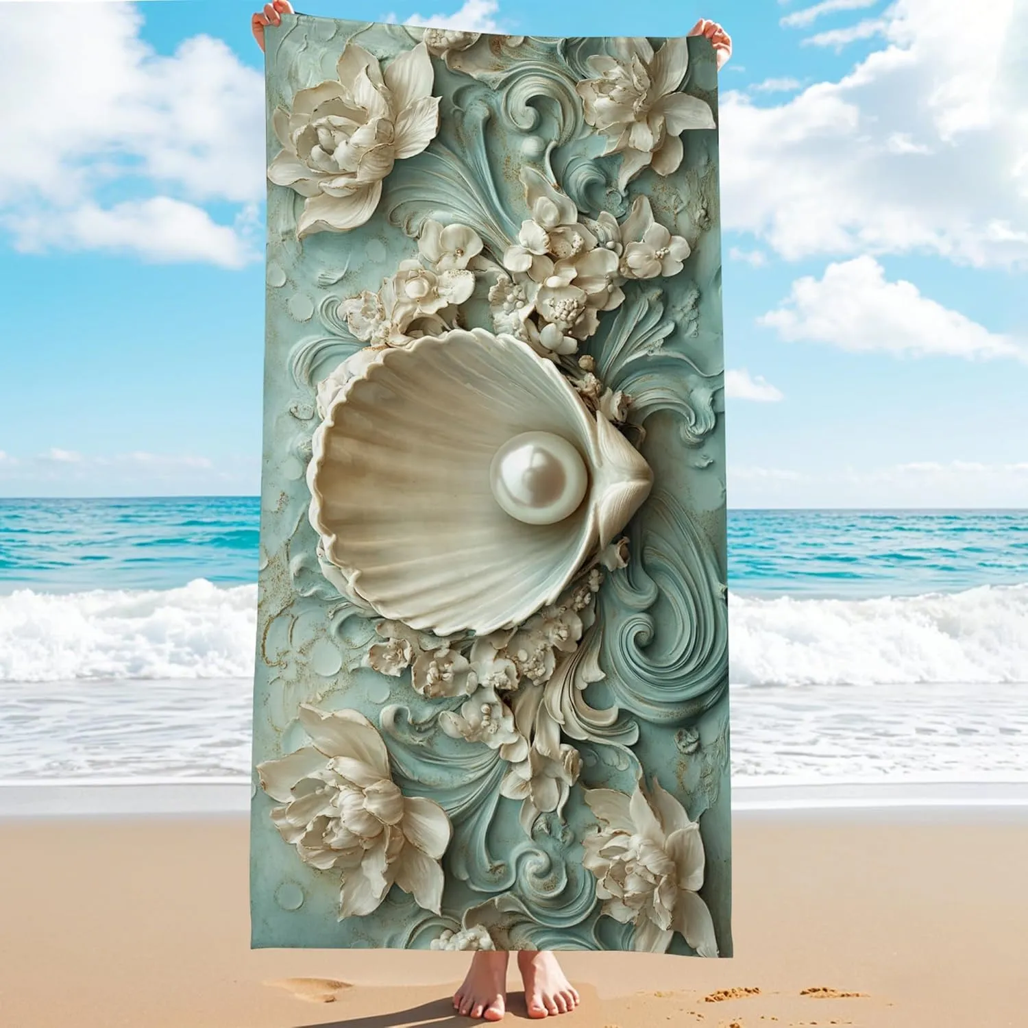 Elegant Shell Microfiber Beach Towel Teal Shell Art Sand Free Quick Dry Absorbent Lightweight Tapestry Perfect for Pool Camping Travel Picnic Essentials 62x31 Inch