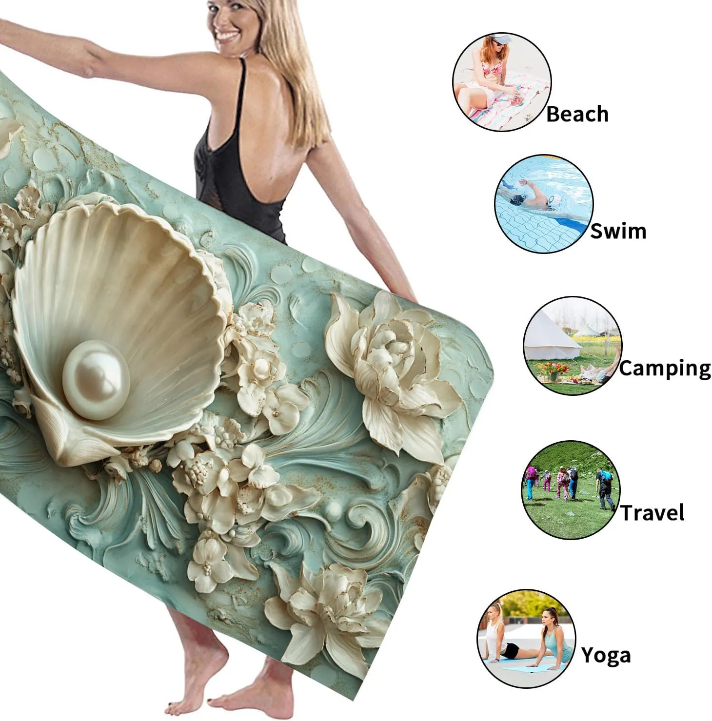 Elegant Shell Microfiber Beach Towel Teal Shell Art Sand Free Quick Dry Absorbent Lightweight Tapestry Perfect for Pool Camping Travel Picnic Essentials 62x31 Inch