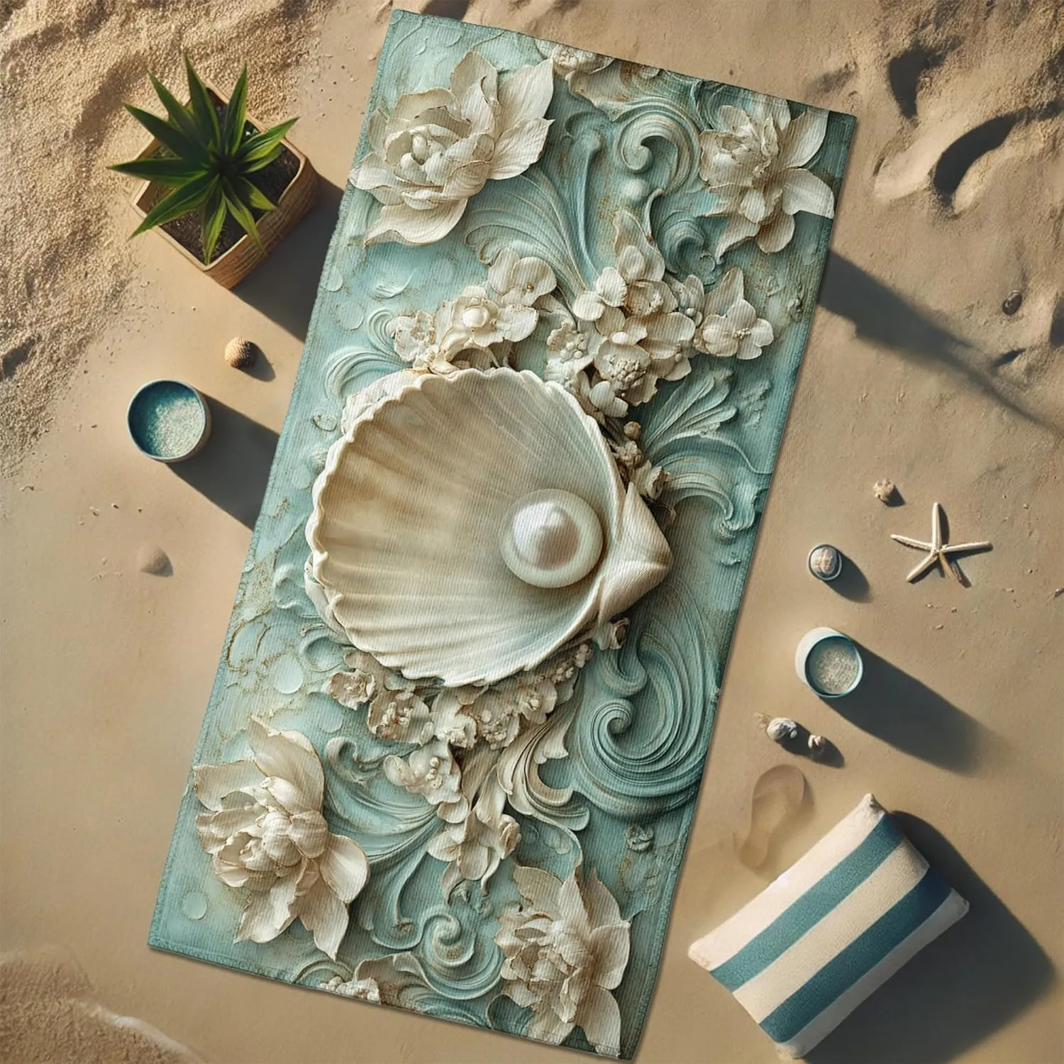 Elegant Shell Microfiber Beach Towel Teal Shell Art Sand Free Quick Dry Absorbent Lightweight Tapestry Perfect for Pool Camping Travel Picnic Essentials 62x31 Inch