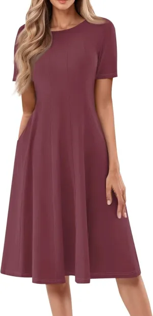 Elegant Women's Midi Short Sleeve Casual A-Line Red Dress with Pockets for Everyday Wear and Special Occasions