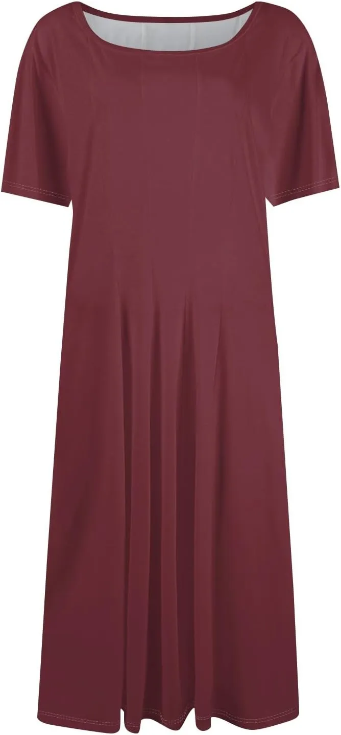 Elegant Women's Midi Short Sleeve Casual A-Line Red Dress with Pockets for Everyday Wear and Special Occasions
