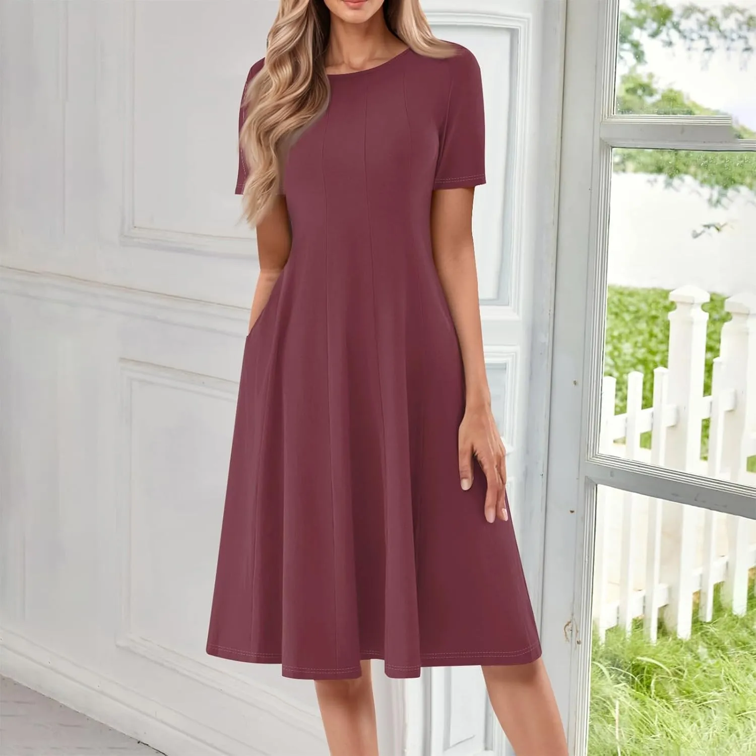 Elegant Women's Midi Short Sleeve Casual A-Line Red Dress with Pockets for Everyday Wear and Special Occasions