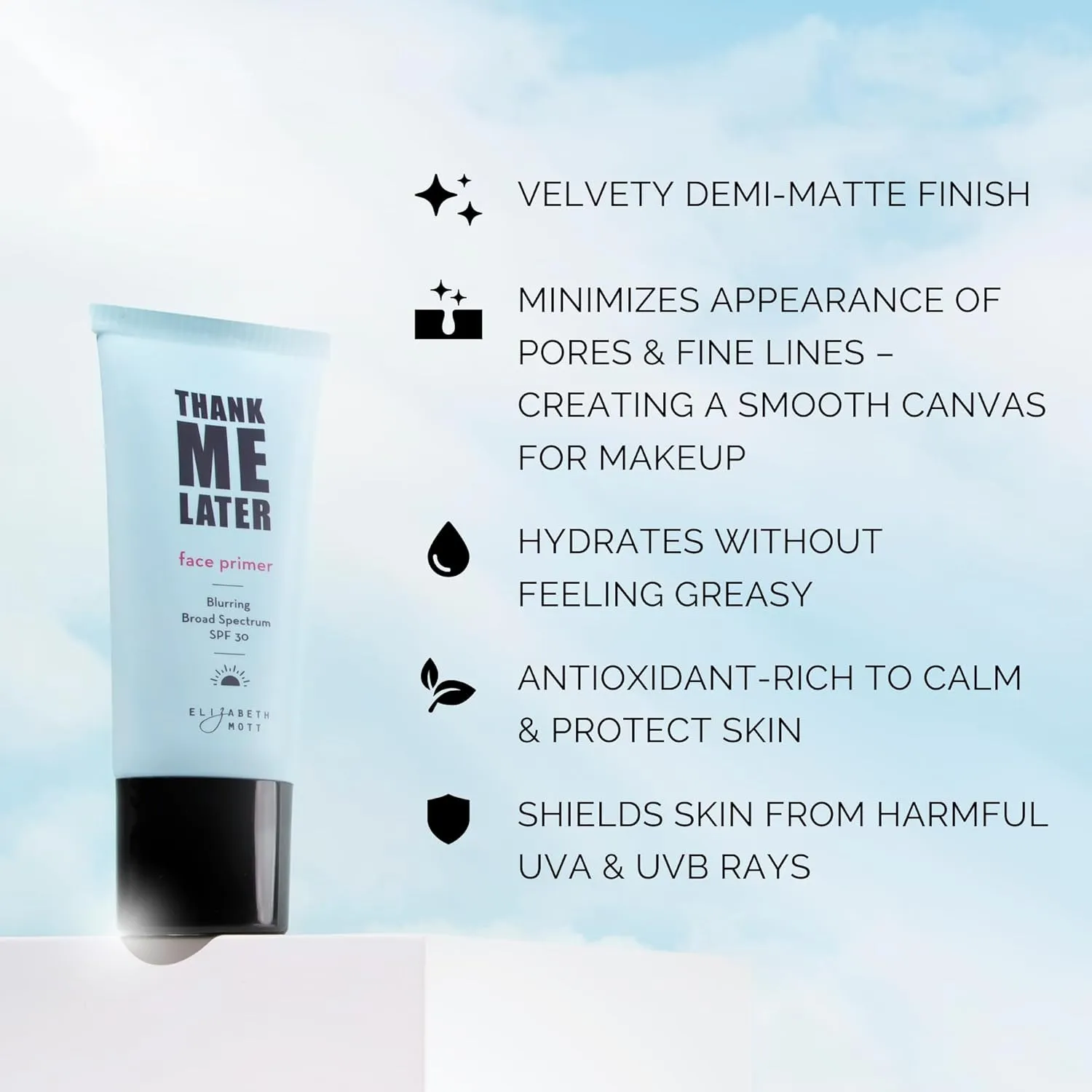 Elizabeth Mott Thank Me Later Blurring Face Primer SPF 30 – Hydrating Makeup Base for Smooth, Flawless Skin & All-Day Wear – Long-Lasting, Lightweight, Pore-Minimizing Formula – 30g, Cruelty-Free