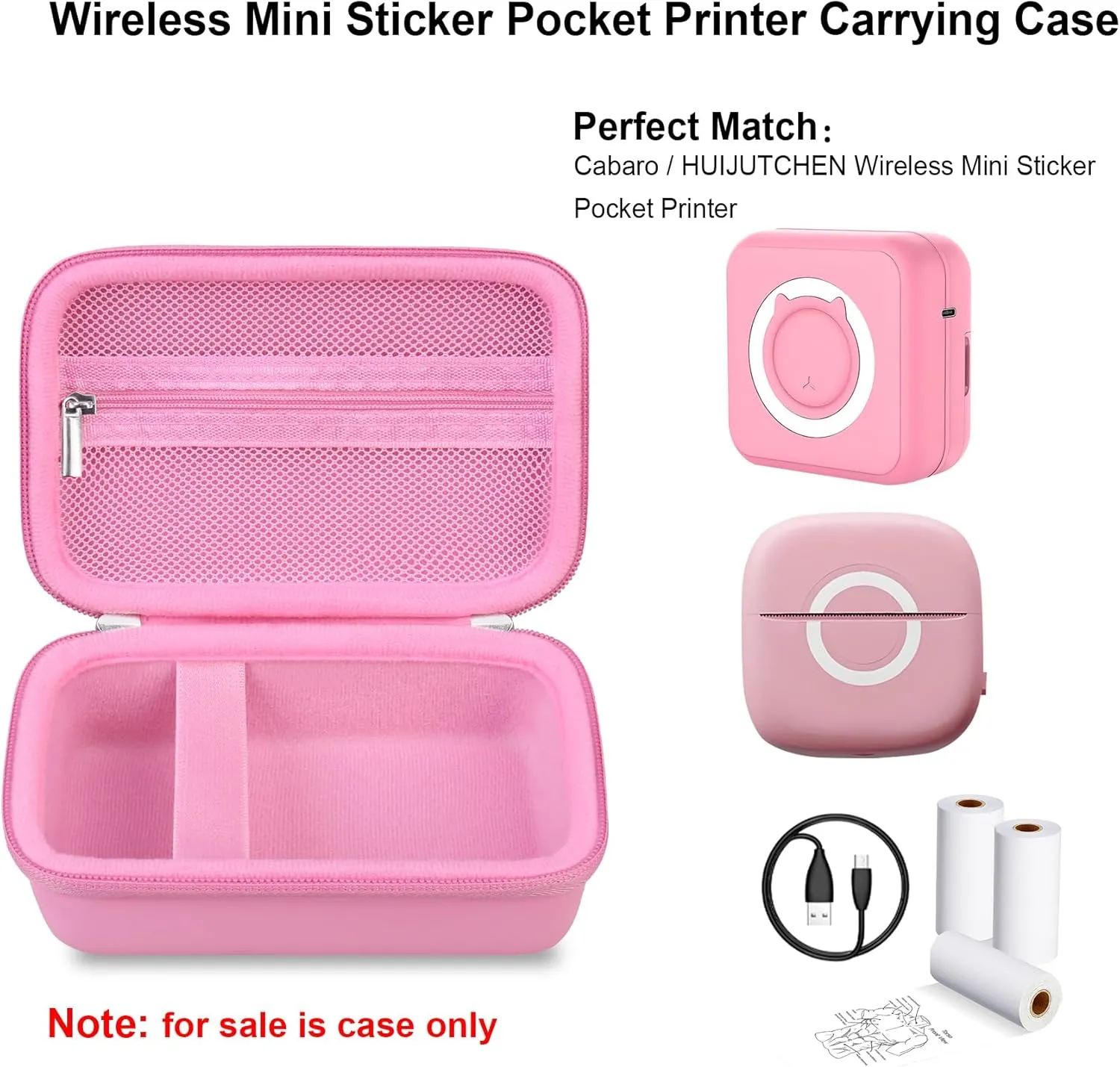Elonbo Carrying Case Compatible with HUIJUTCHEN/Cabaro Wireless Mini Sticker Pocket Printer, Bluetooth Smart Portable Receipt Photo Printer Travel Bag, Thermal Printer Storage Holder, Pink Pink