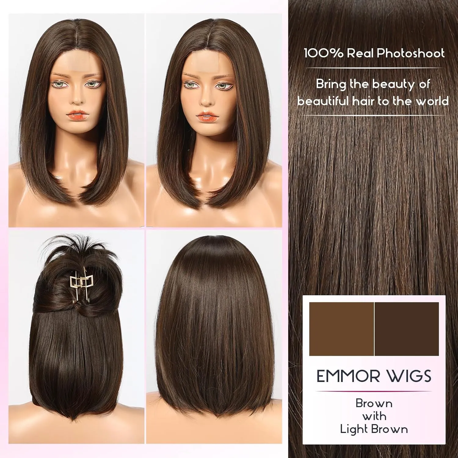 EMMOR Short Bob Wigs,Natural Shoulder Length Central Lace Bob Wgs, Premium Heat-Resistant Synthetic Straight Wigs for Women Daily Use(Brown with Light Brown)
