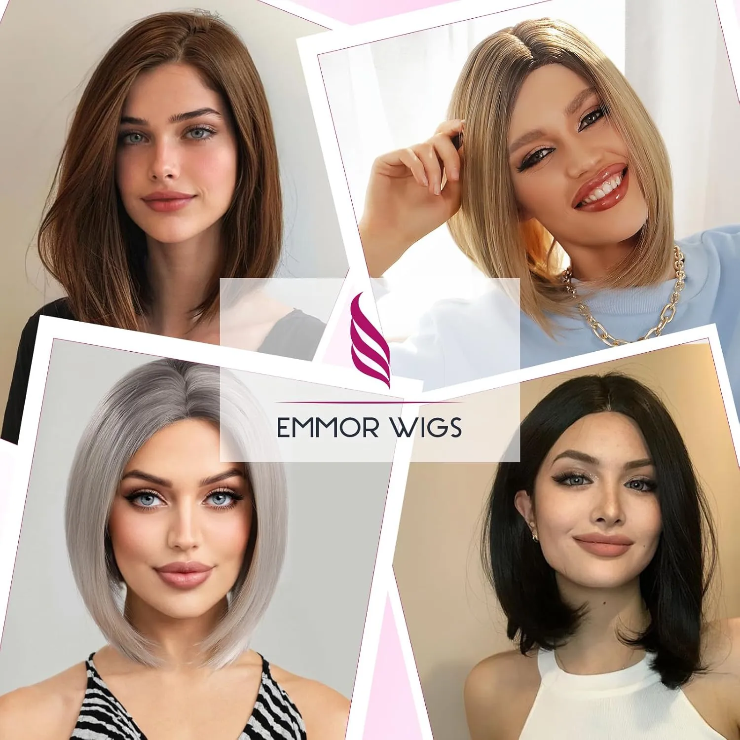 EMMOR Short Bob Wigs,Natural Shoulder Length Central Lace Bob Wgs, Premium Heat-Resistant Synthetic Straight Wigs for Women Daily Use(Brown with Light Brown)