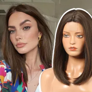 EMMOR Short Bob Wigs,Natural Shoulder Length Central Lace Bob Wgs, Premium Heat-Resistant Synthetic Straight Wigs for Women Daily Use(Brown with Light Brown)