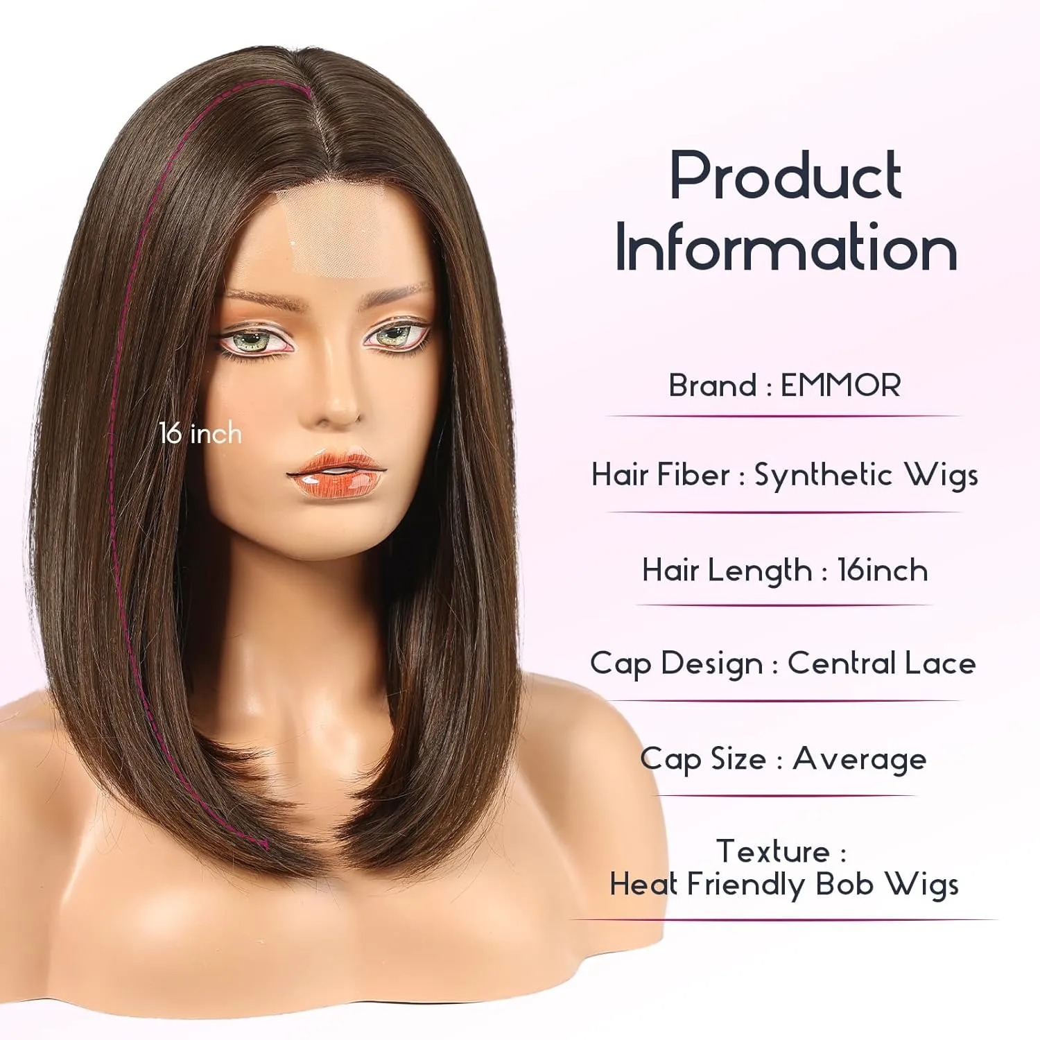 EMMOR Short Bob Wigs,Natural Shoulder Length Central Lace Bob Wgs, Premium Heat-Resistant Synthetic Straight Wigs for Women Daily Use(Brown with Light Brown)