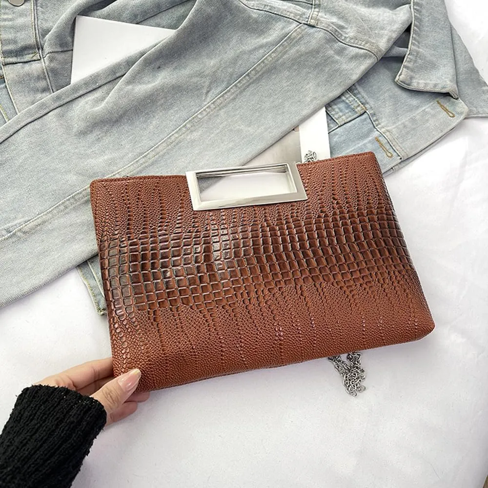 Entchin Clutch Purses for Women, Crocodile Pattern Vegan Leather Handbag, Detachable Chain Strap Crossbody Shoulder Bag