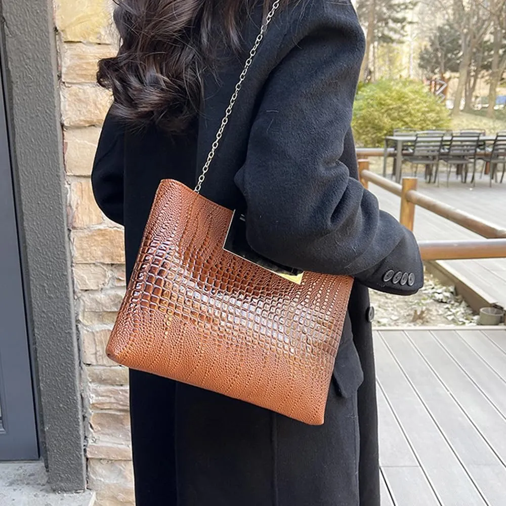 Entchin Clutch Purses for Women, Crocodile Pattern Vegan Leather Handbag, Detachable Chain Strap Crossbody Shoulder Bag