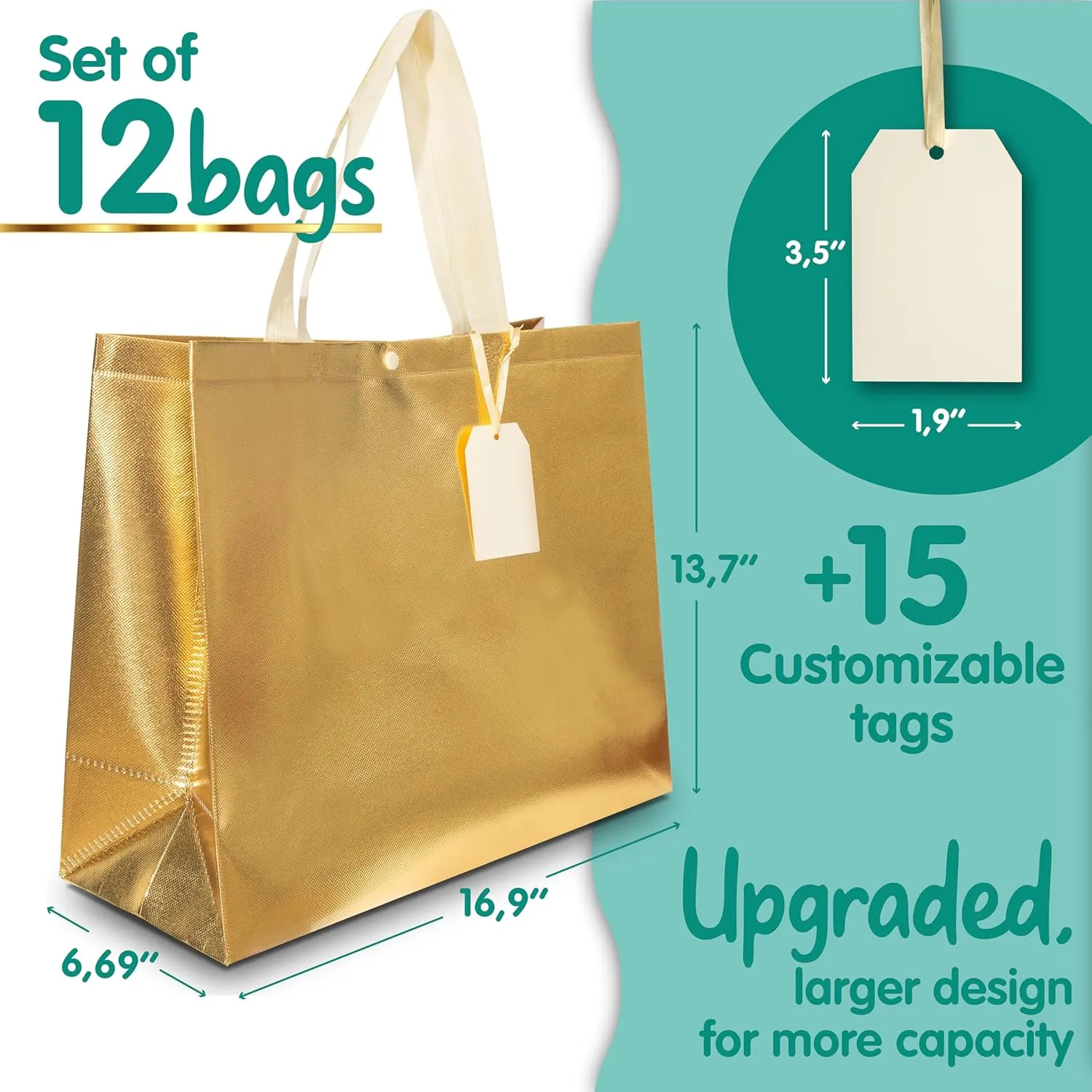 ERIBAGZ 12 Pack Large gift bags with handles 16.9” x 13.7”   15 Tags & String. Gold gift bags. Reusable Luxury gift bags with Button Closure. Gift bags large.