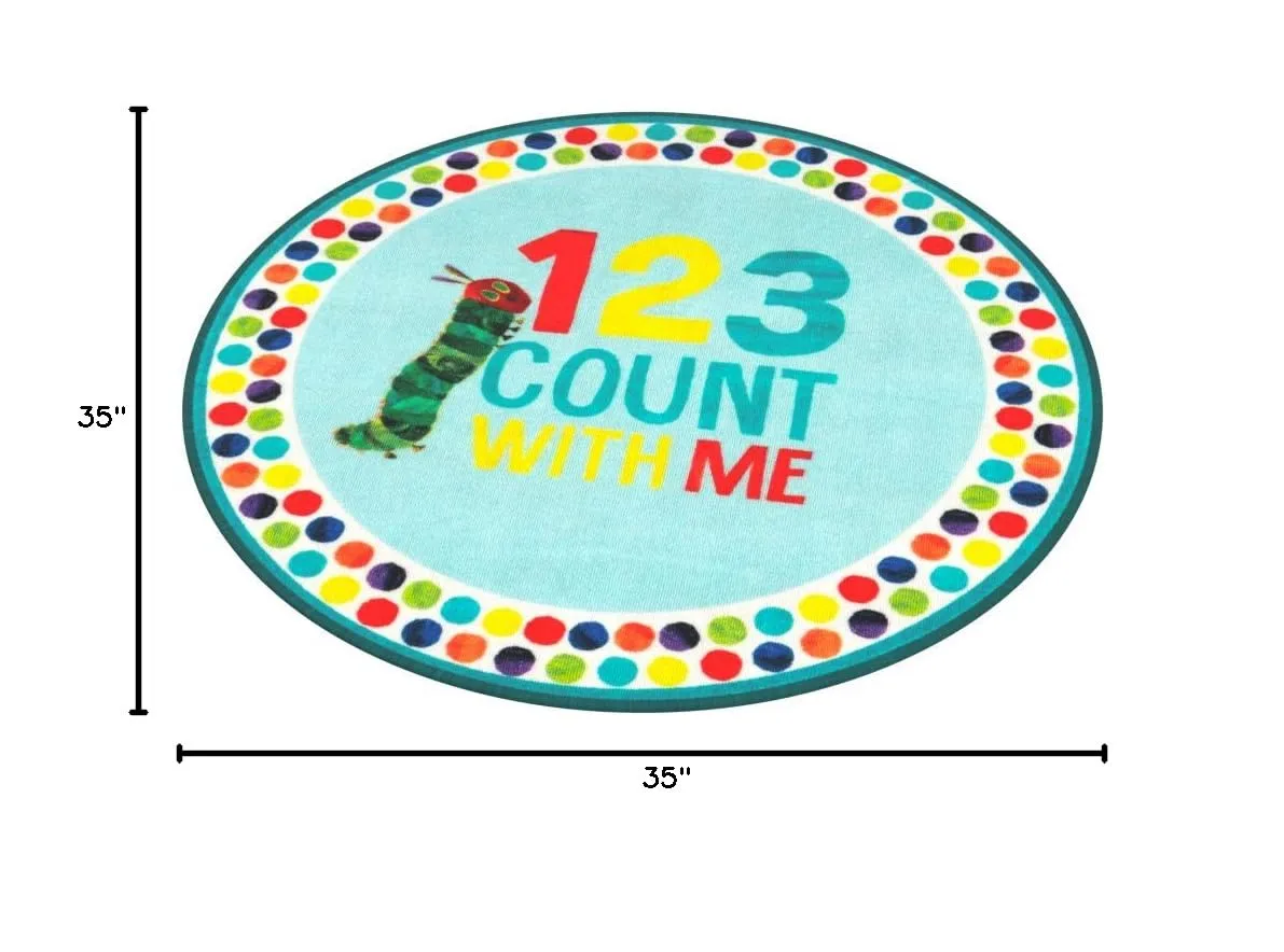 Eric Carle "The Very Hungry Caterpillar Elementary 123 Count with Me Kids Machine Washable Area Rug, Blue/White, 35" Round