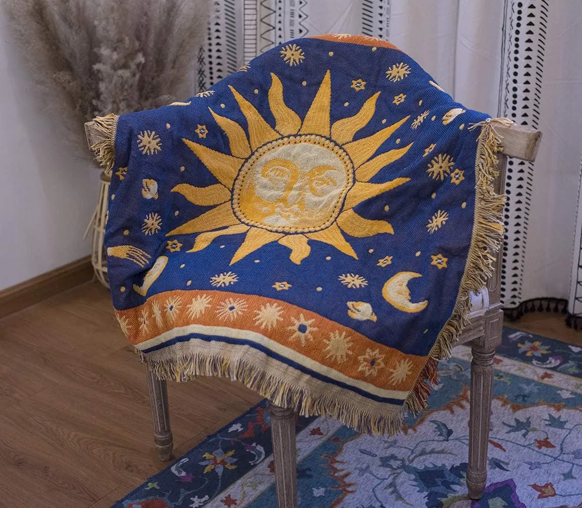 Erke 35"x35" Sun and Moon Stars Cushion Cover Ottoman Slipcover Chair Furniture Protector Decor, Hippie Room Decorative Wall Hanging Celestial Tapestry (Yellow Blue, Small, 100% Cotton)