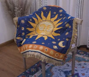 Erke 35"x35" Sun and Moon Stars Cushion Cover Ottoman Slipcover Chair Furniture Protector Decor, Hippie Room Decorative Wall Hanging Celestial Tapestry (Yellow Blue, Small, 100% Cotton)