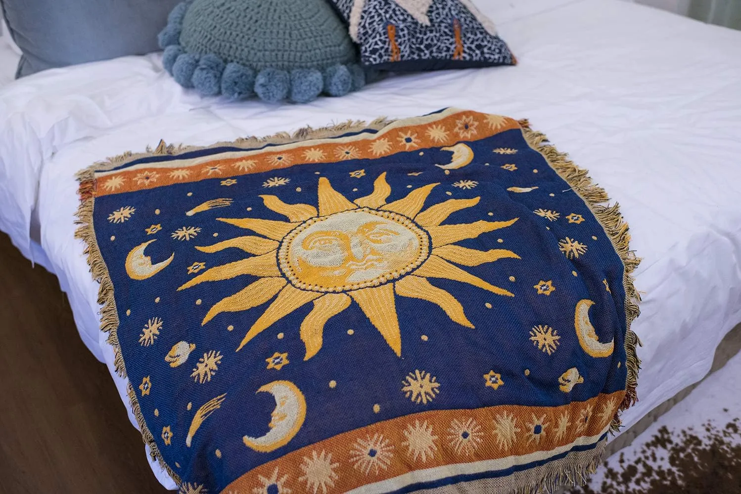 Erke 35"x35" Sun and Moon Stars Cushion Cover Ottoman Slipcover Chair Furniture Protector Decor, Hippie Room Decorative Wall Hanging Celestial Tapestry (Yellow Blue, Small, 100% Cotton)
