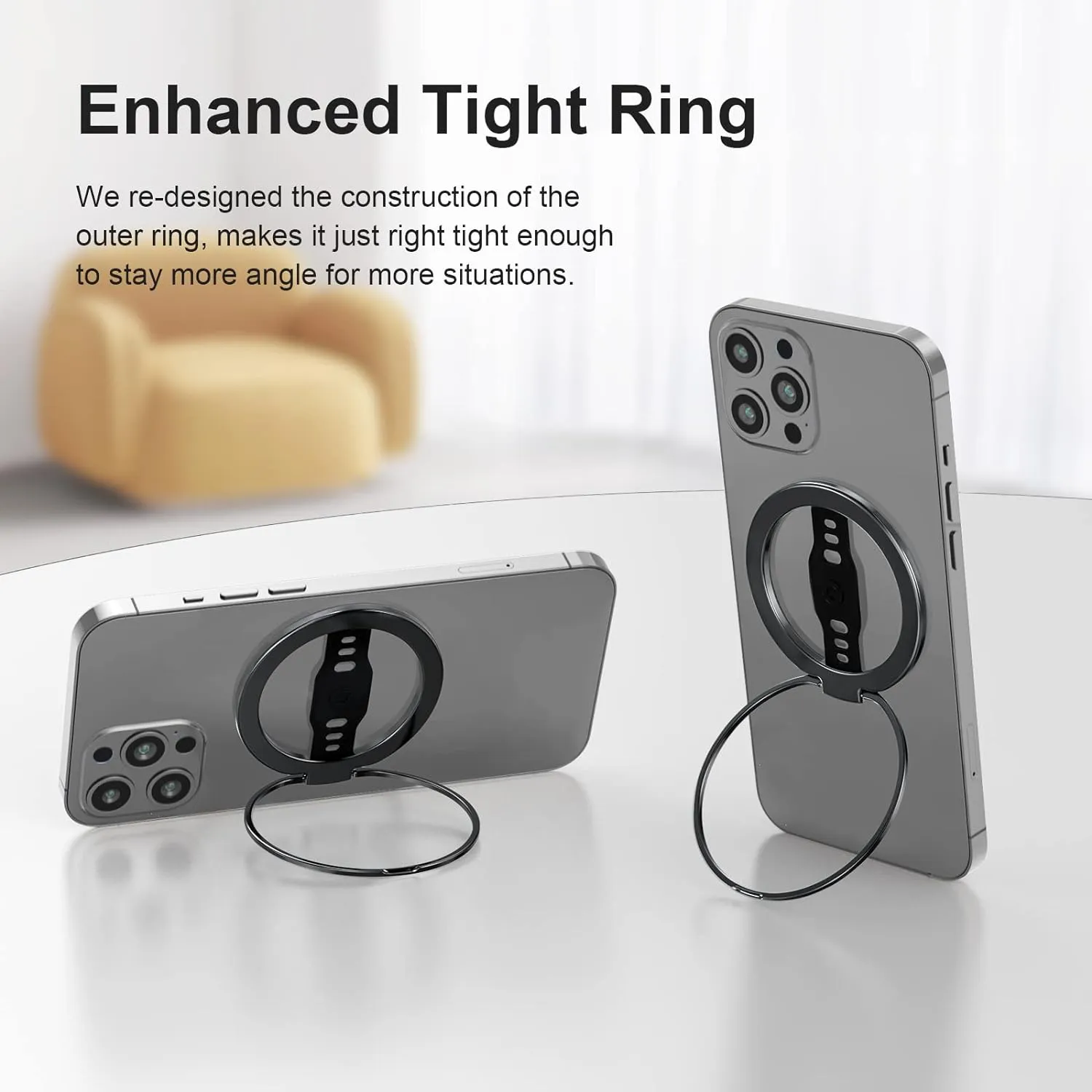 EWA MagOne (Upgrade) Compatible with MagSafe Phone Grip Stand with Silicone Finger Strap, Removable Magnetic Ring Holder Kickstand Loop, Only for iPhone 15, 14, 13 Pro/Max/Plus-（Black）