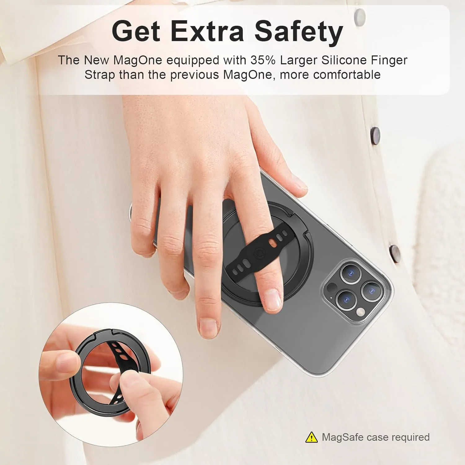 EWA MagOne (Upgrade) Compatible with MagSafe Phone Grip Stand with Silicone Finger Strap, Removable Magnetic Ring Holder Kickstand Loop, Only for iPhone 15, 14, 13 Pro/Max/Plus-（Black）