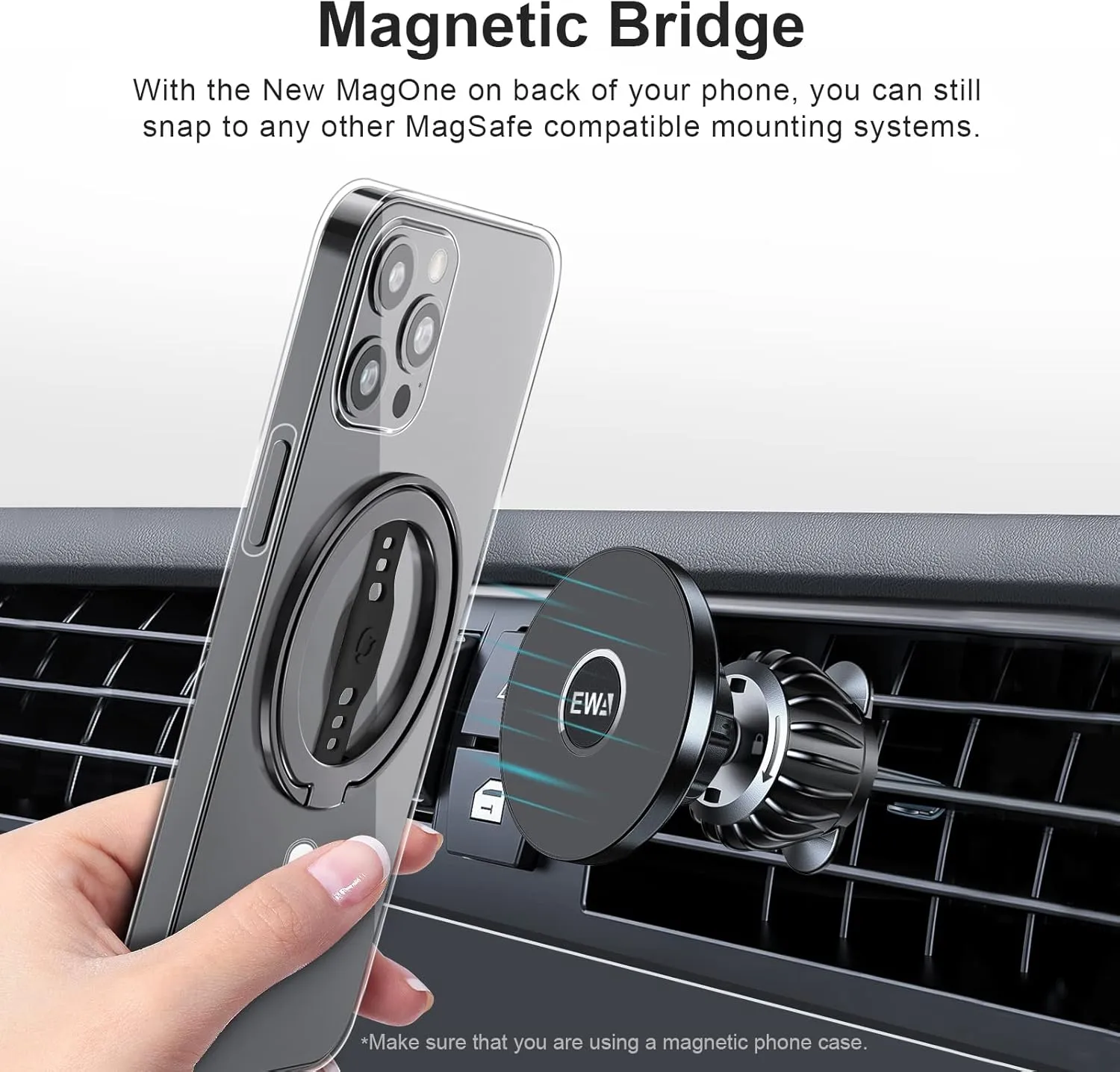 EWA MagOne (Upgrade) Compatible with MagSafe Phone Grip Stand with Silicone Finger Strap, Removable Magnetic Ring Holder Kickstand Loop, Only for iPhone 15, 14, 13 Pro/Max/Plus-（Black）