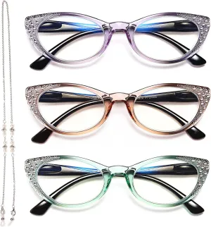 EYEURL Cat Eye Glasses for Women Blue Light Blocking 3 Pack Computer Reading Gaming Glasses with Lightweight Spring Hinge Anti Glare Filter