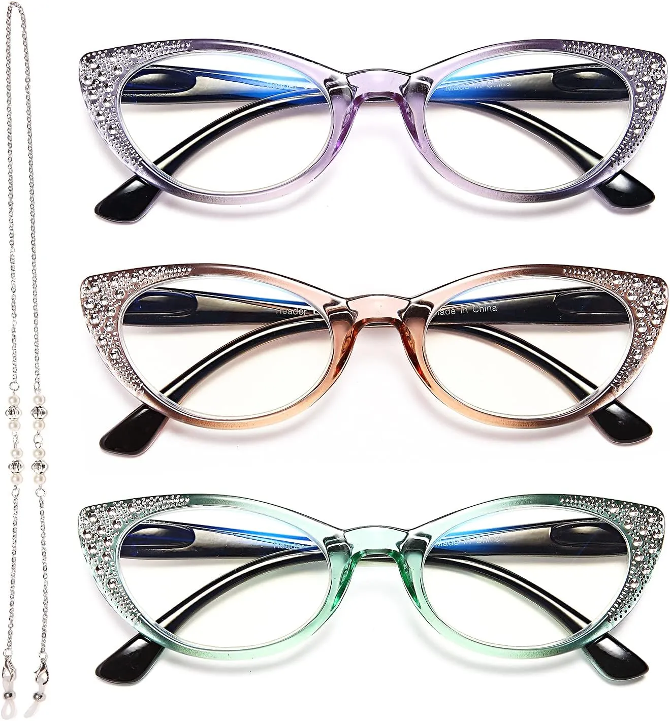 EYEURL Cat Eye Glasses for Women Blue Light Blocking 3 Pack Computer Reading Gaming Glasses with Lightweight Spring Hinge Anti Glare Filter