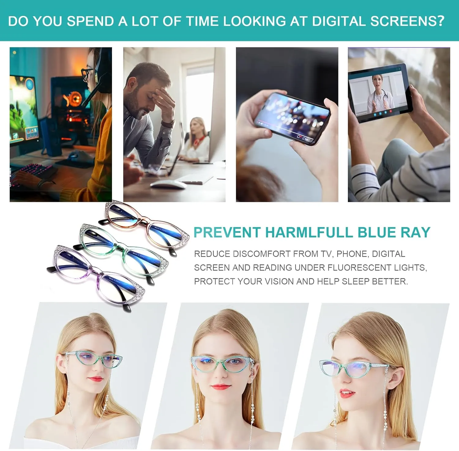 EYEURL Cat Eye Glasses for Women Blue Light Blocking 3 Pack Computer Reading Gaming Glasses with Lightweight Spring Hinge Anti Glare Filter