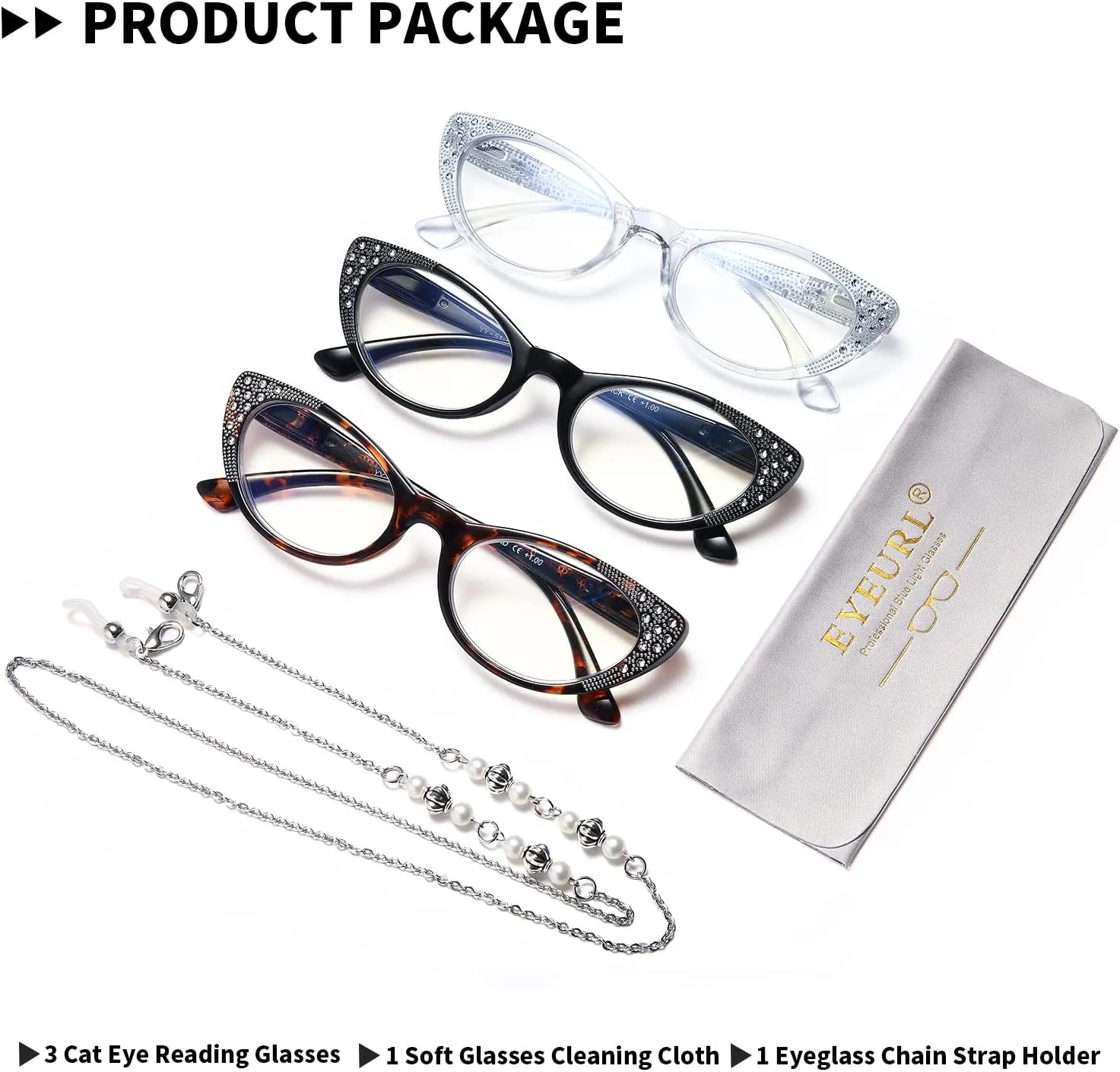 EYEURL Cateye Reading Glasses for Women Blue Light Blocking 3 Pack Computer Readers Spring Hinge Lightweight Frames 0.0