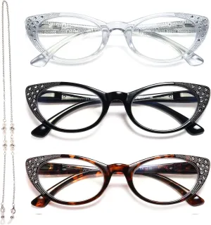 EYEURL Cateye Reading Glasses for Women Blue Light Blocking 3 Pack Computer Readers Spring Hinge Lightweight Frames 0.0
