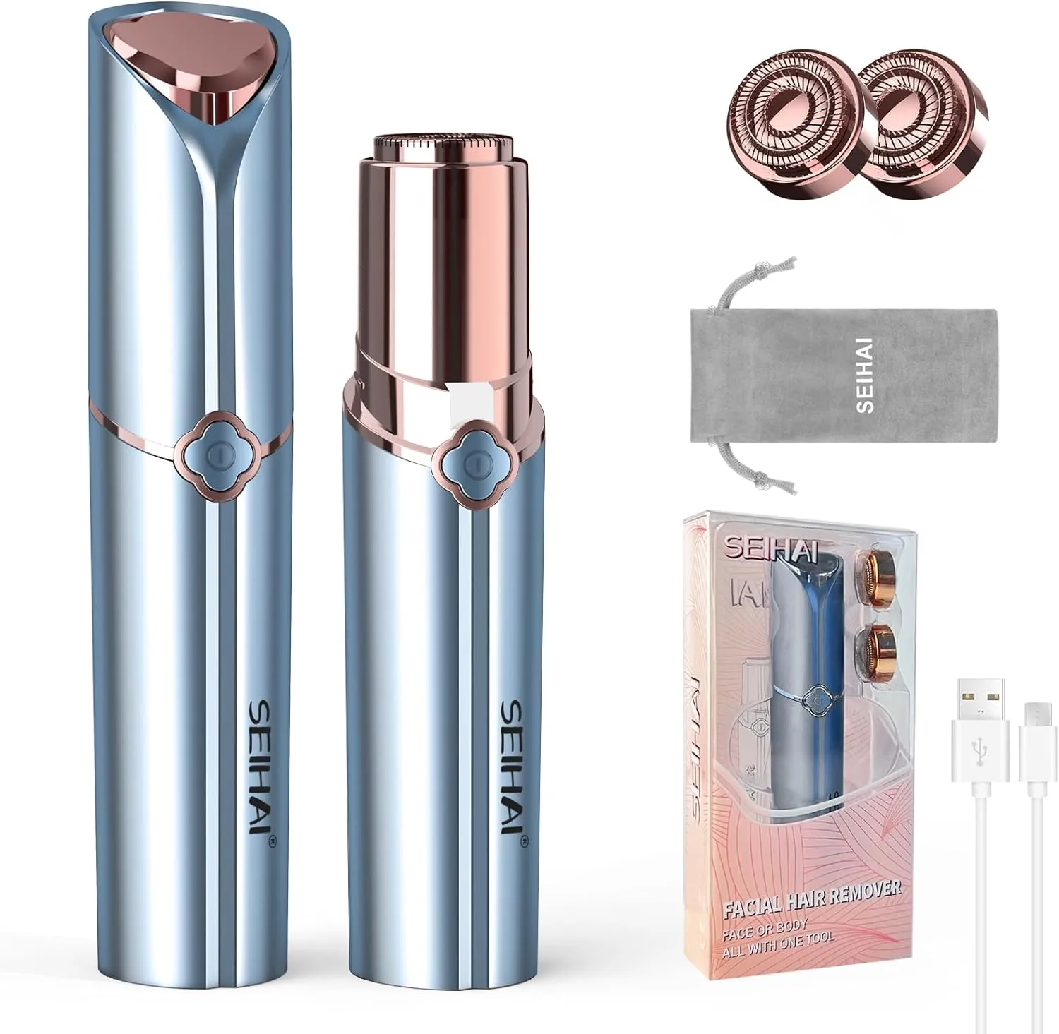 Facial Hair Remover for Women, SEIHAI Rechargeable Face Shavers for Women,Included 2 x Replacement Heads, Upper Lip, Chin, Face Hair Remover Peach Fuzz Remover