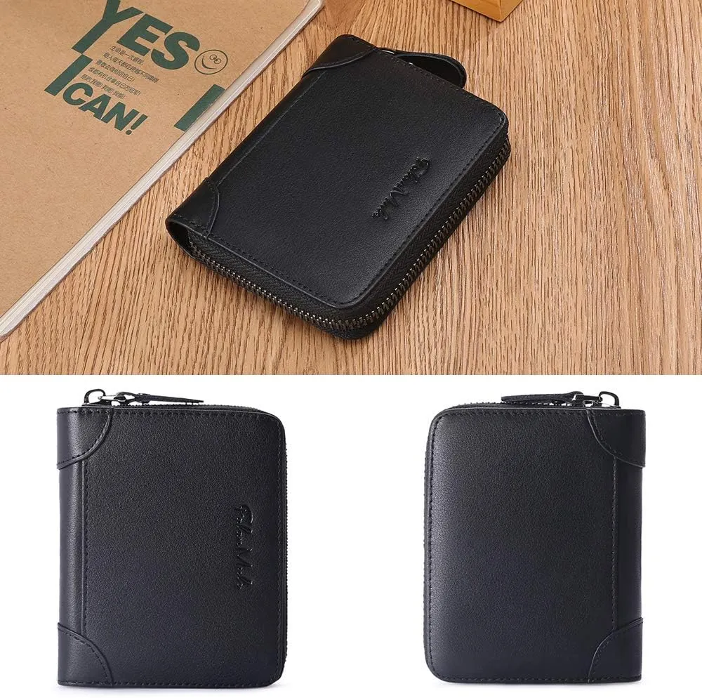 FALAN MULE Wallets For Men Genuine Leather Short RFID Blocking Zip-around Bifold Wallet（Black）