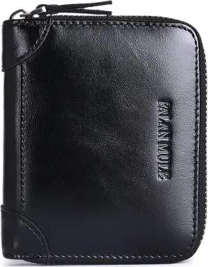 FALAN MULE Wallets For Men Genuine Leather Short RFID Blocking Zip-around Bifold Wallet（Black）