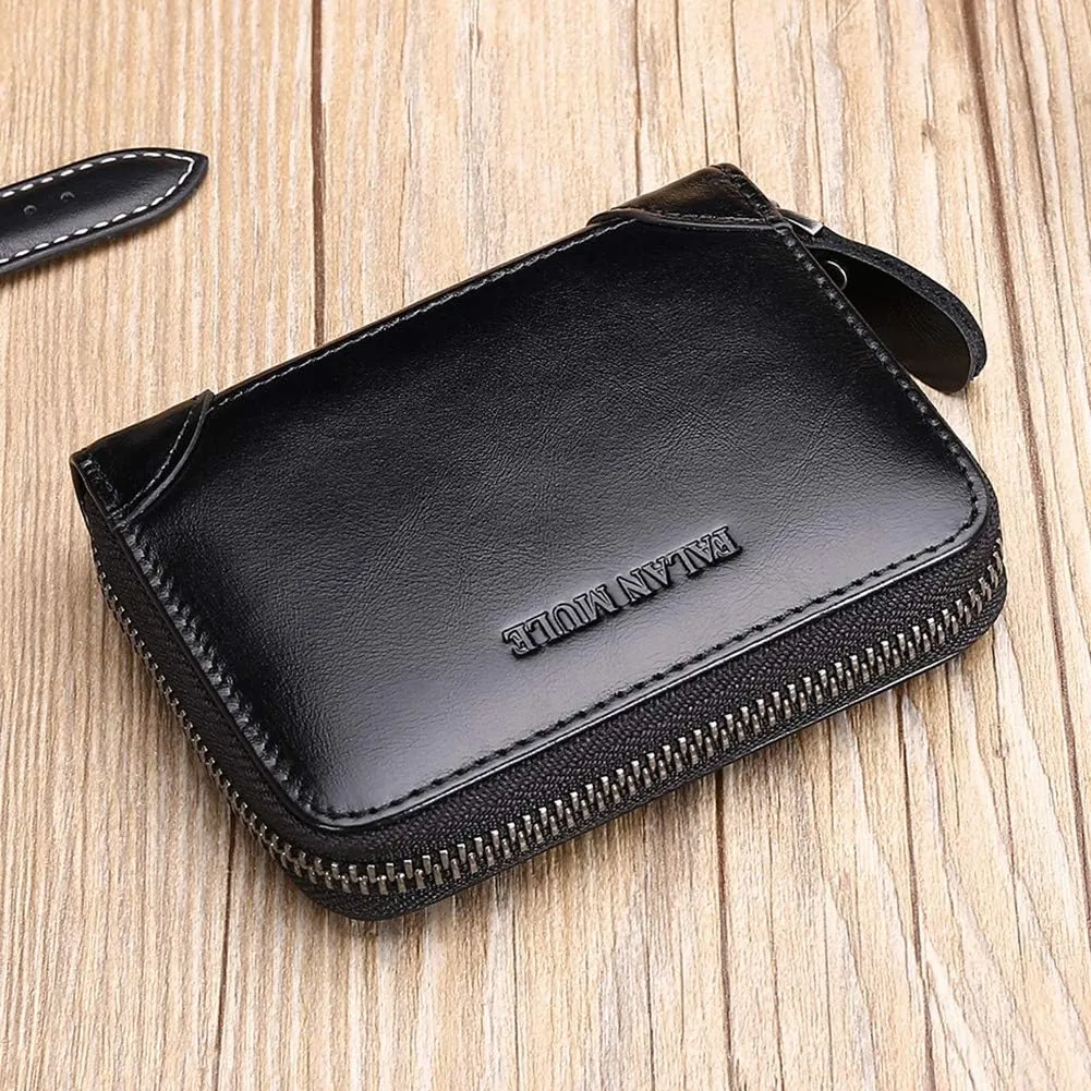 FALAN MULE Wallets For Men Genuine Leather Short RFID Blocking Zip-around Bifold Wallet（Black）