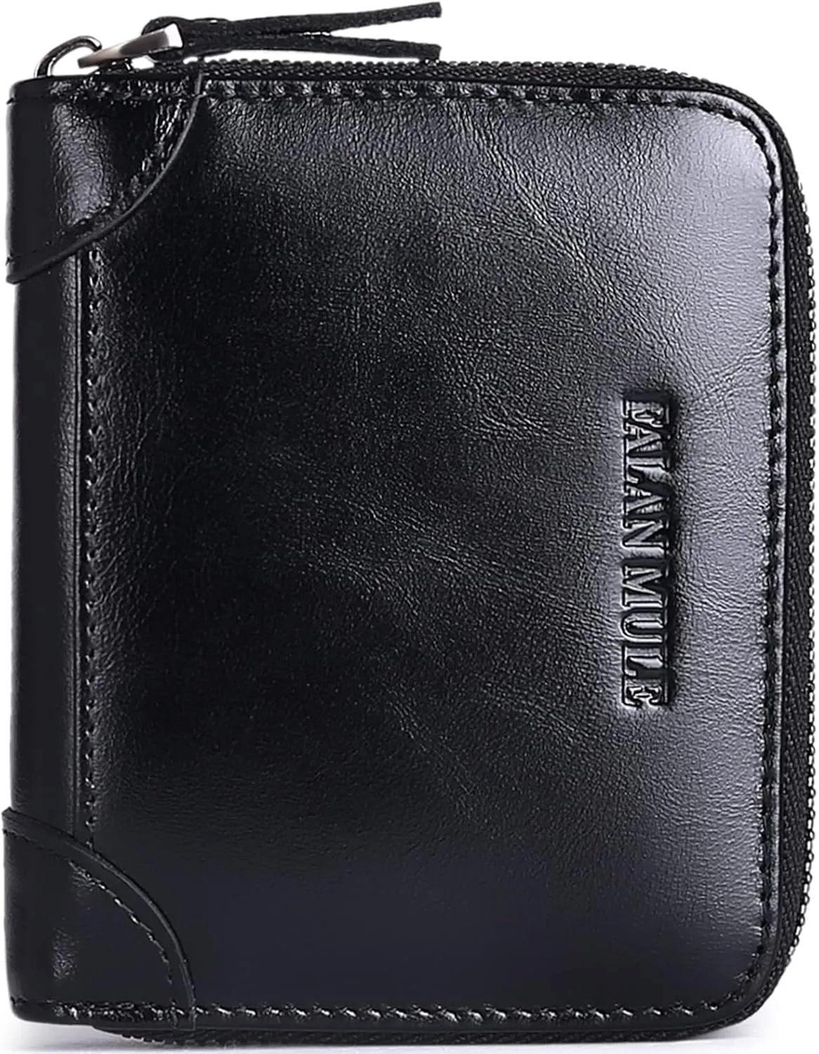 FALAN MULE Wallets For Men Genuine Leather Short RFID Blocking Zip-around Bifold Wallet（Black）