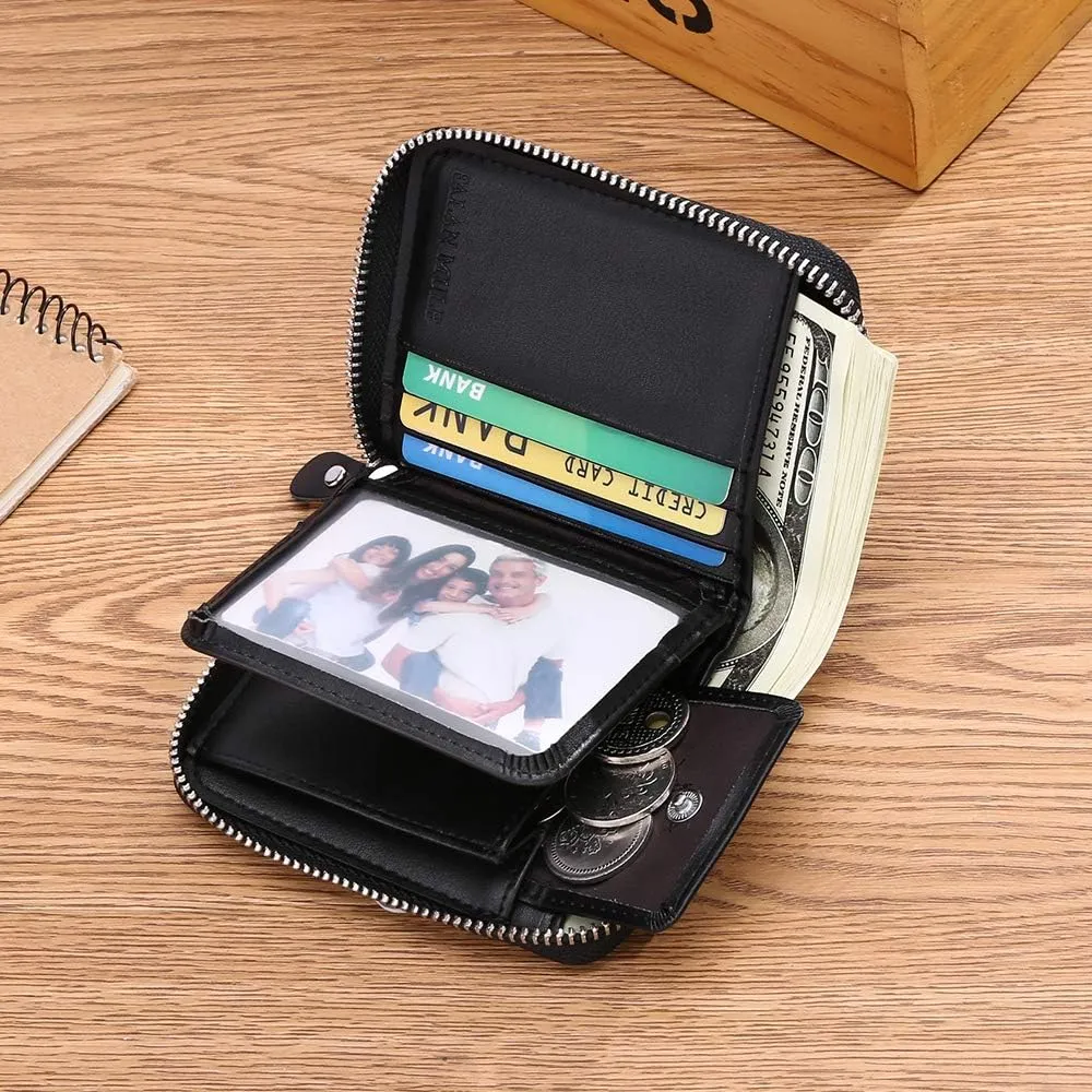 FALAN MULE Wallets For Men Genuine Leather Short RFID Blocking Zip-around Bifold Wallet（Black）
