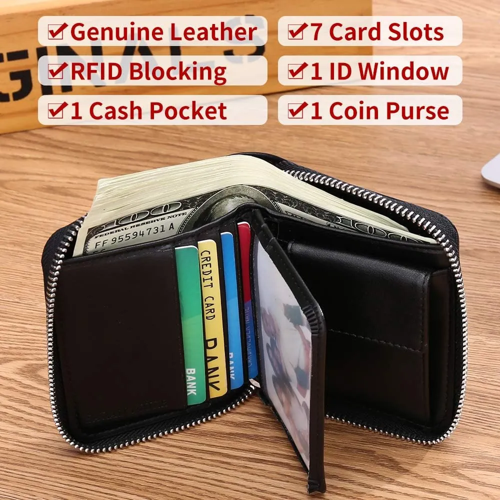 FALAN MULE Wallets For Men Genuine Leather Short RFID Blocking Zip-around Bifold Wallet（Black）