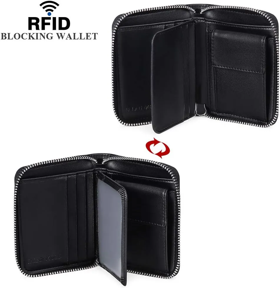 FALAN MULE Wallets For Men Genuine Leather Short RFID Blocking Zip-around Bifold Wallet（Black）