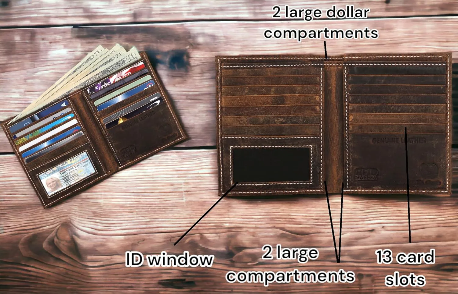 F&L CLASSIC RFID Blocking Mens Leather Bi-Fold Big Hipster Wallet, 13 credit card slots,buffalo vintage brown with White stitching,186 buff hunter
