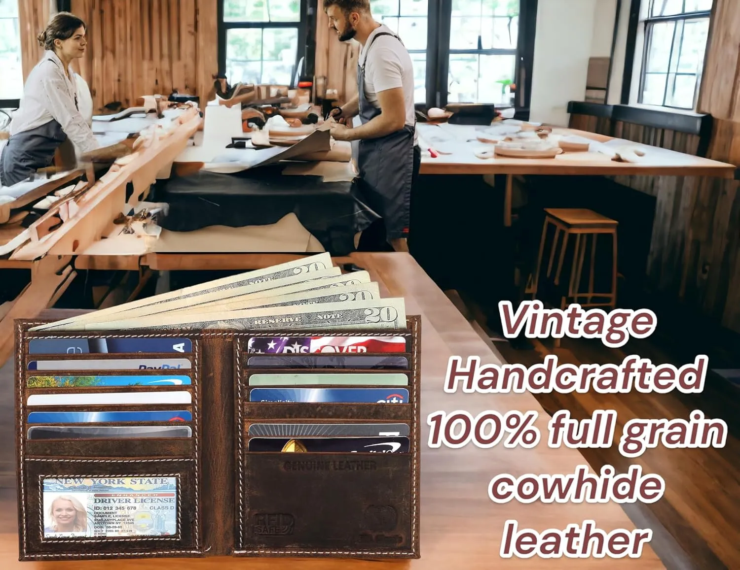 F&L CLASSIC RFID Blocking Mens Leather Bi-Fold Big Hipster Wallet, 13 credit card slots,buffalo vintage brown with White stitching,186 buff hunter