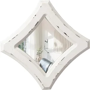 Farmhouse Small Decorative Mirrors for Wall Decor Living Room 7.9 inch, Hanging Distressed White Vintage Wood Frame Bedroom Mirror, Rustic Rhombus Wall Mounted Mirror for Home Decor