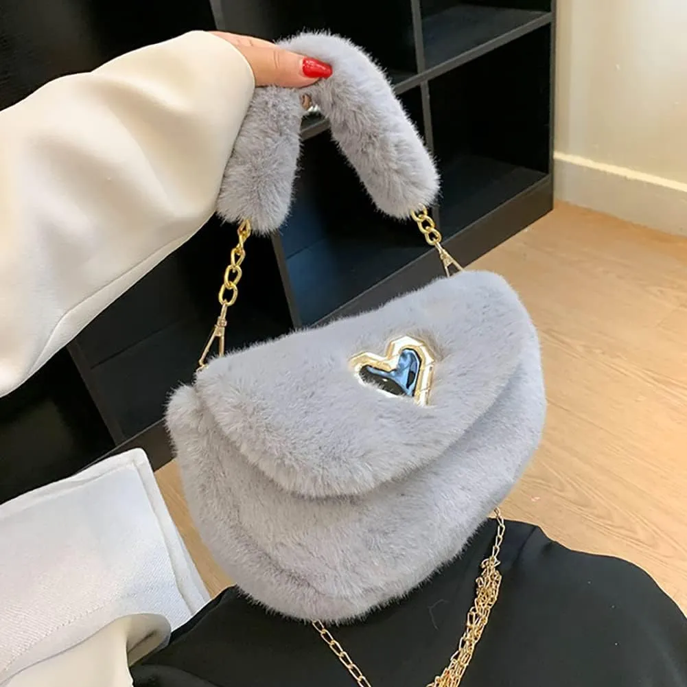 Fashion Plush Crossbody Bag For Women, Saddle Purse Wallet, Faux Fur Soft Handbag for Winter, Lovely Heart Shoulder Chain Bag