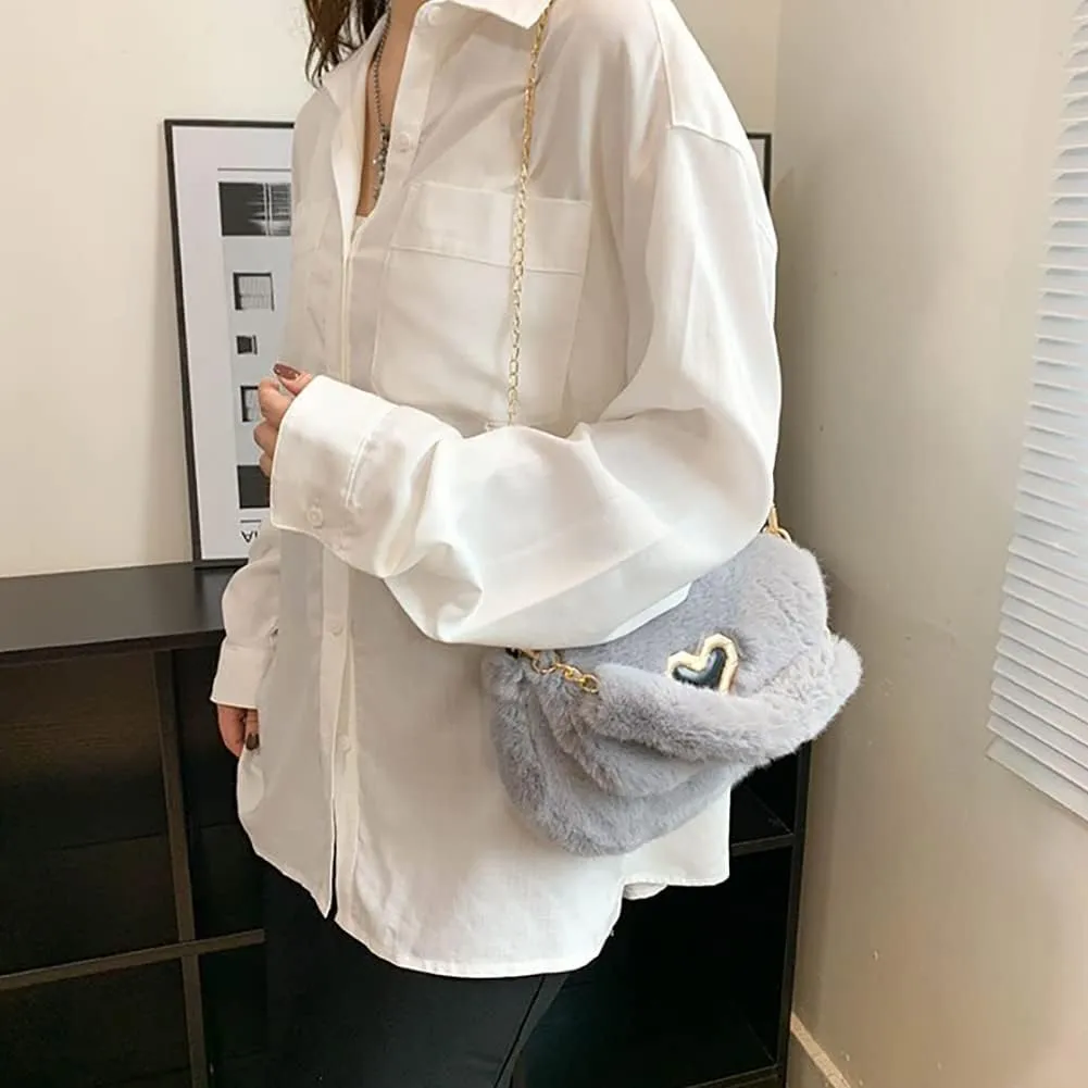 Fashion Plush Crossbody Bag For Women, Saddle Purse Wallet, Faux Fur Soft Handbag for Winter, Lovely Heart Shoulder Chain Bag